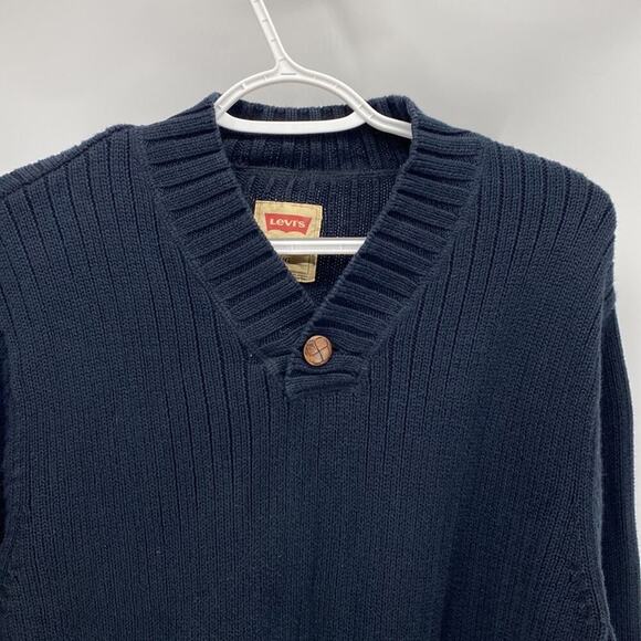Levi’s black ribbed v neck elbow patch brown button accent sweater 100% cotton - Picture 4 of 8